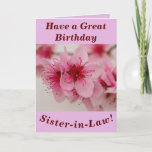Tarjeta Bright and Bold Floral Birthday Card Sister-in-law<br><div class="desc">Hermosa flor de melocotón rosa hace una gran imagen para esta floral tarjeta de cumpleaños de Sister-in-Law.  El texto se puede personalizar fácilmente como se desee.</div>