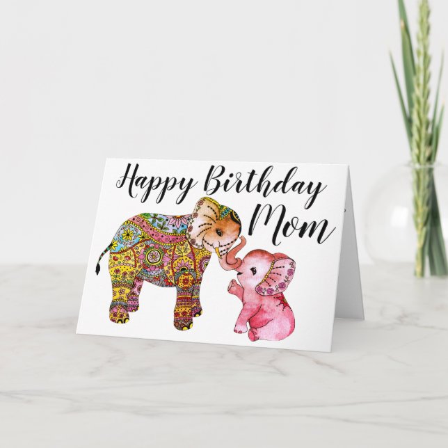 Tarjeta Bright Boho Elephants Happy Birday Mom (Anverso)