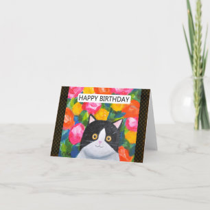 Tarjeta Bright Happy Floral Tuxedo Cat Art Amante