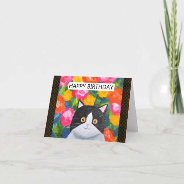 Tarjeta Bright Happy Floral Tuxedo Cat Art Amante (Anverso)