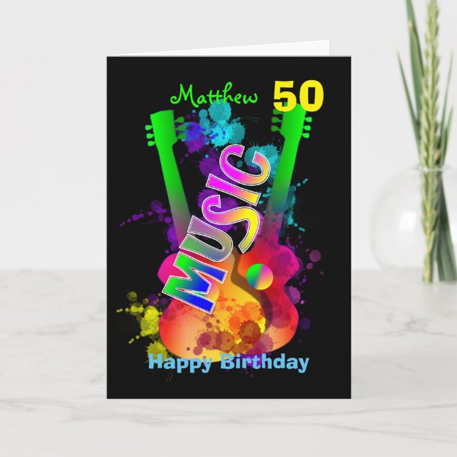 Tarjeta Bright Popping Guitar Música Tema Feliz Cumpleaños (Anverso)