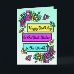 Tarjeta Bright Pretty Whimsical Birthday for Sister<br><div class="desc">Hand drawn whimsical brightly colored folk art style flower and butterfly purple,  yellow and teal Happy Birthday Card for your sister.</div>