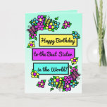 Tarjeta Bright Pretty Whimsical Birthday for Sister<br><div class="desc">Hand drawn whimsical brightly colored folk art style flower and butterfly purple,  yellow and teal Happy Birthday Card for your sister.</div>