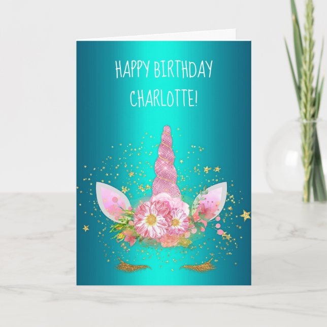Tarjeta Brillante Aniversario de Unicornio Rosa Aqua (Anverso)
