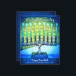 Tarjeta Brillante Azul Presupuestario Hanukkah Men<br><div class="desc">"Brilla brillante toda la temporada". El guión de la caligrafía blanca y un ilustracion artístico y de fotos de primera mano de una menorah azul brillante, colorida, te ayudan a iniciar las vacaciones de Hanukkah. Sienta el calor y la alegría de la temporada de vacaciones cada vez que envíes esta...</div>