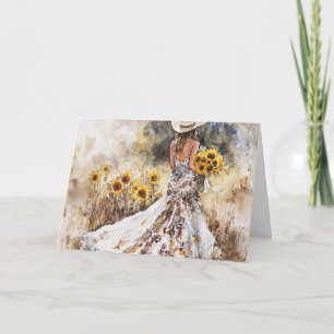 Tarjeta Brillante brillante en traje, bots y girasoles