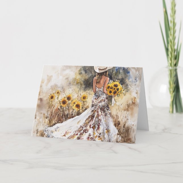 Tarjeta Brillante brillante en traje, bots y girasoles (Anverso)