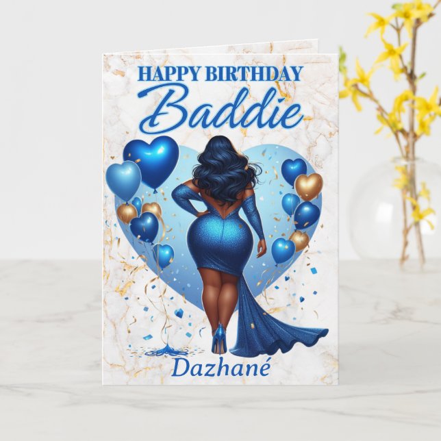 Tarjeta Brillante mujer afroamericana Blue Glam Cumpleaños (flor amarilla)