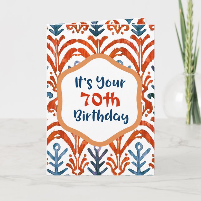Tarjeta Brillante Naranja azul Tribal Ikat 70 cumpleaños (Anverso)
