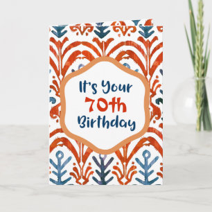Tarjeta Brillante Naranja azul Tribal Ikat 70 cumpleaños