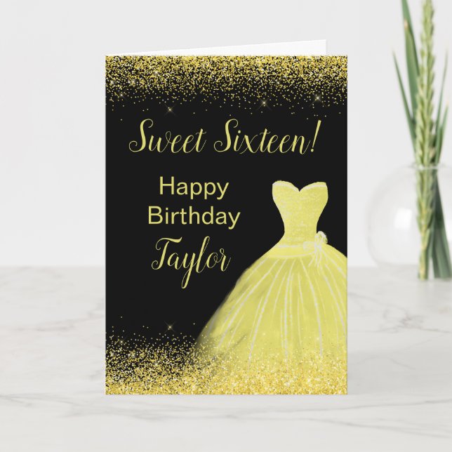 Tarjeta Brillante Vestido Amarillo Faux Purpurina Dulce 16 (Anverso)