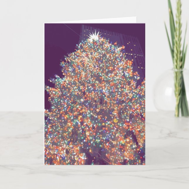 Tarjeta Brillantes árboles de Navidad iluminan la ciudad d (Anverso)