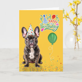 Tarjeta Brindle French Bulldog Party Hat Yellow Birthday
