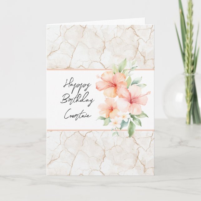 Tarjeta Brisa de Verano Flores de Hibisco Melocotón Cumple (Anverso)