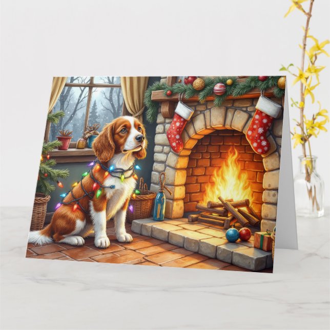 Tarjeta Brittany Spaniel Chimenea con Luces de Navidad (flor amarilla)