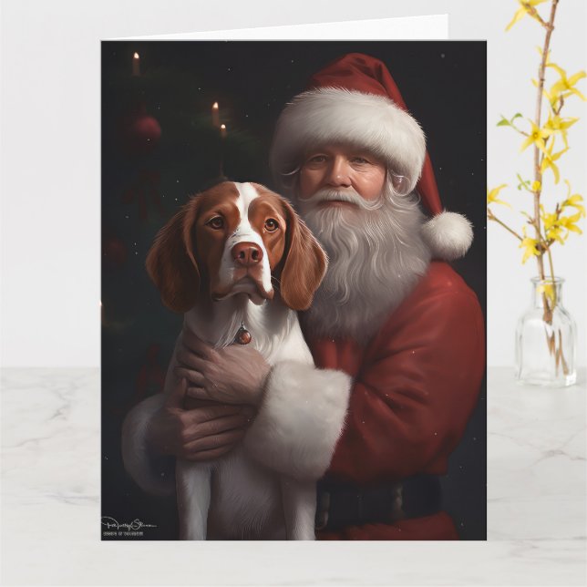 Tarjeta Brittany Spaniel con Navidades de Santa Claus (flor amarilla)