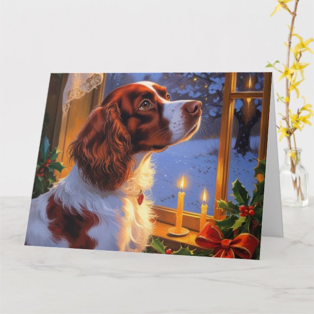 Tarjeta Brittany Spaniel con Navidades en vacaciones ilumi (flor amarilla)