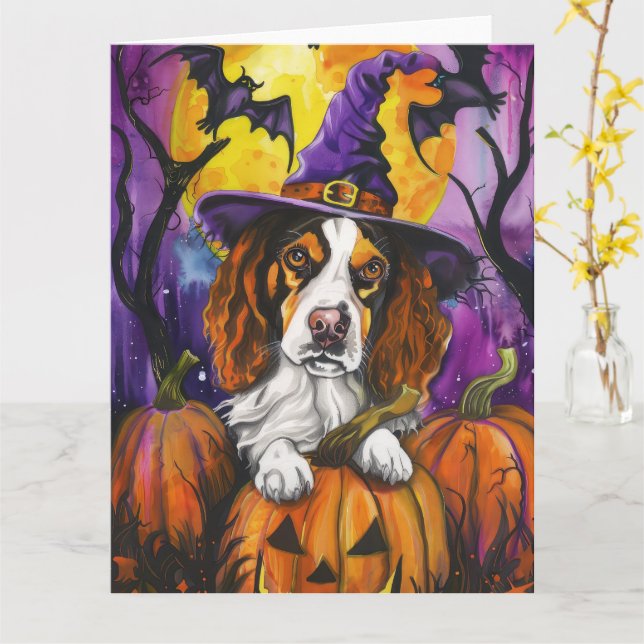 Tarjeta Brittany Spaniel Espeluznante Bruja de Halloween C (flor amarilla)