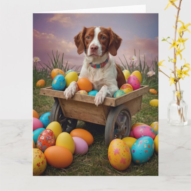 Tarjeta Brittany Spaniel Huevos de Pascua (flor amarilla)