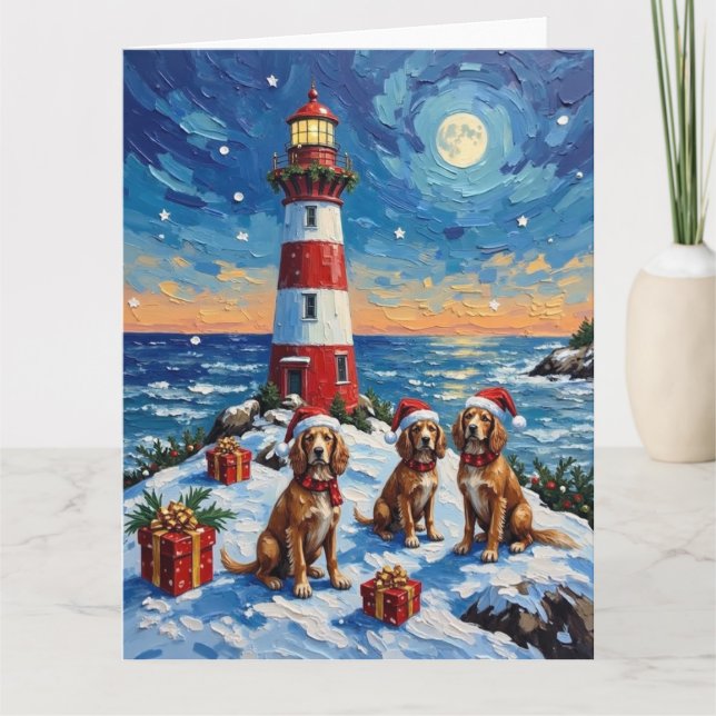 Tarjeta Brittany Spaniel Navidad Faro Fiesta (Anverso)