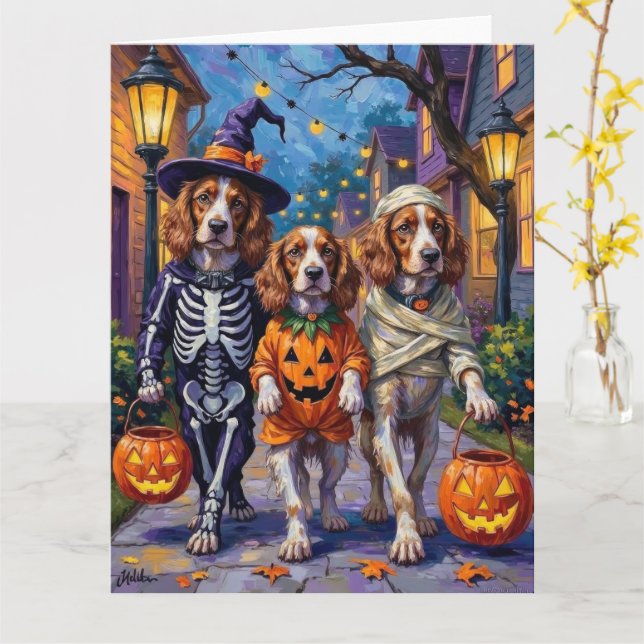 Tarjeta Brittany Spaniel Pidiendo Dulces en Halloween (flor amarilla)