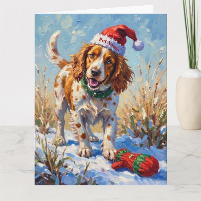 Tarjeta Brittany Spaniel Pointing at Santa's Glove Hat (Anverso)