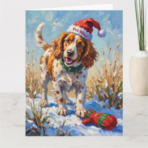 Tarjeta Brittany Spaniel Señalando el Guante de Santa