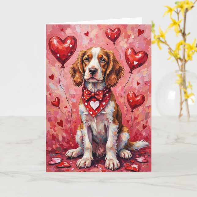 Tarjeta Brittany Spaniel Valentine’s Day Dog with Hearts (flor amarilla)