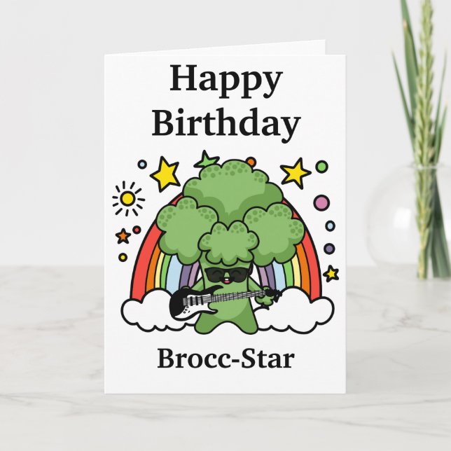 Tarjeta Brócoli Cumpleañero Brocc, Estrella de Rock (Anverso)