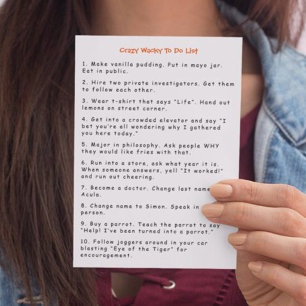 Tarjeta Bromas divertidas, locas y extravagantes, lista de