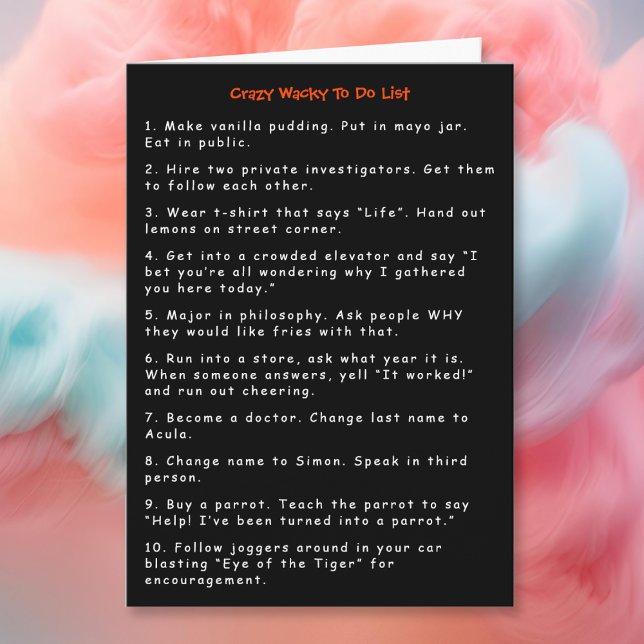 Tarjeta Bromas raras locas divertidas del Año Nuevo para (Funny Crazy Wacky New Year Pranks To Do List Humor Card)