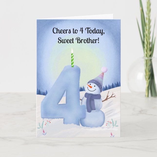 Tarjeta Brother 4th Birthday Snowman with Snowy Four (Anverso)