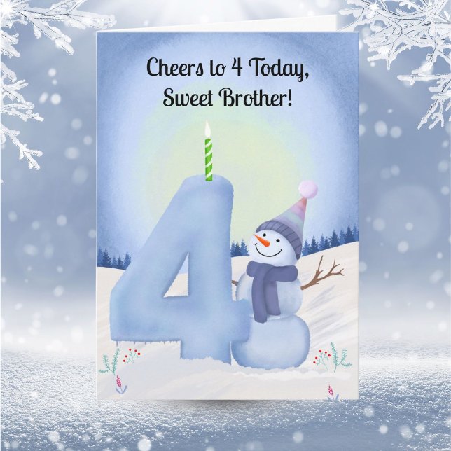 Tarjeta Brother 4th Birthday Snowman with Snowy Four (Subido por el creador)