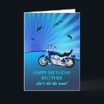 Tarjeta Brother Birday Motorbike Sunset Card<br><div class="desc">Feliz cumpleaños hermano con una moto. Una tarjeta perfecta para un ciclista. Una moto azul con una puesta de sol estilizada y pájaros voladores. A cualquier aficionado a la bicicleta le encantará conseguir una tarjeta como esta.</div>