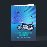 Tarjeta Brother Birday Motorbike Sunset Card<br><div class="desc">Feliz cumpleaños hermano con una moto. Una tarjeta perfecta para un ciclista. Una moto azul con una puesta de sol estilizada y pájaros voladores. A cualquier aficionado a la bicicleta le encantará conseguir una tarjeta como esta.</div>