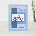 Tarjeta Brother, cumpleaños de la bici del motor<br><div class="desc">Una moto azul en un fondo azul abstracto. El frente dice "feliz cumpleaños a mi hermano maravilloso". Una gran tarjeta para un hermano que es un entusiasta de la bici del motor. Las texturas en el frente de esta tarjeta se imprimen.</div>