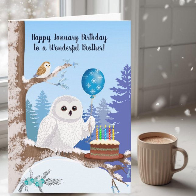 Tarjeta Brother Happy January Birthday Snowy Owl (Subido por el creador)