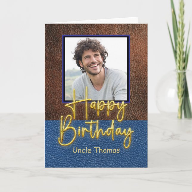 Tarjeta Brown and Blue leather Gold Script Uncle Birthday (Anverso)