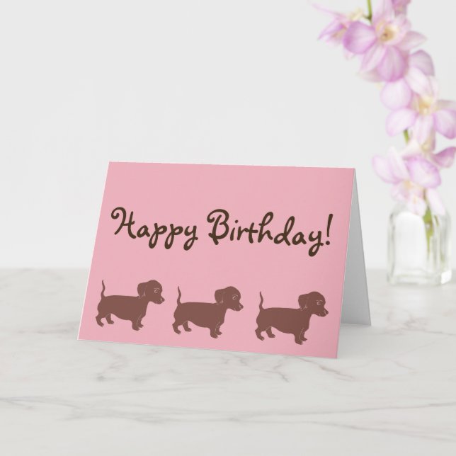 Tarjeta Brown Dachshunds Pink Happy Birday Card (Orquídea)