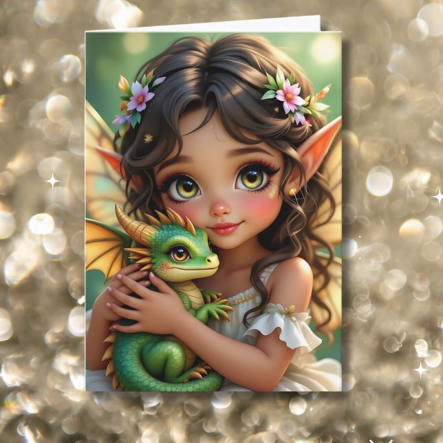 Tarjeta Brown Eyed Elven Fairy and Dragon Birthday (Subido por el creador)