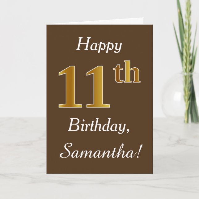 Tarjeta Brown, Faux Gold 11th Birthday + Custom Name (Anverso)