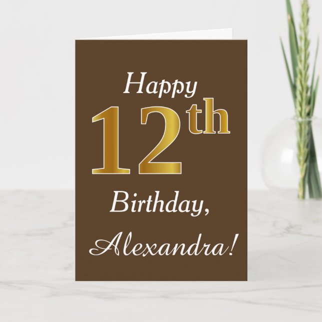 Tarjeta Brown, Faux Gold 12th Birthday + Custom Name (Anverso)