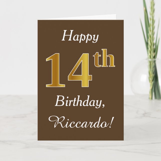 Tarjeta Brown, Faux Gold 14th Birthday + Custom Name (Anverso)