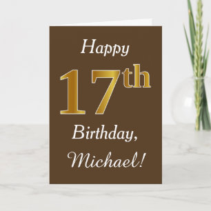 Tarjeta Brown, Faux Gold 17th Birthday + Custom Name