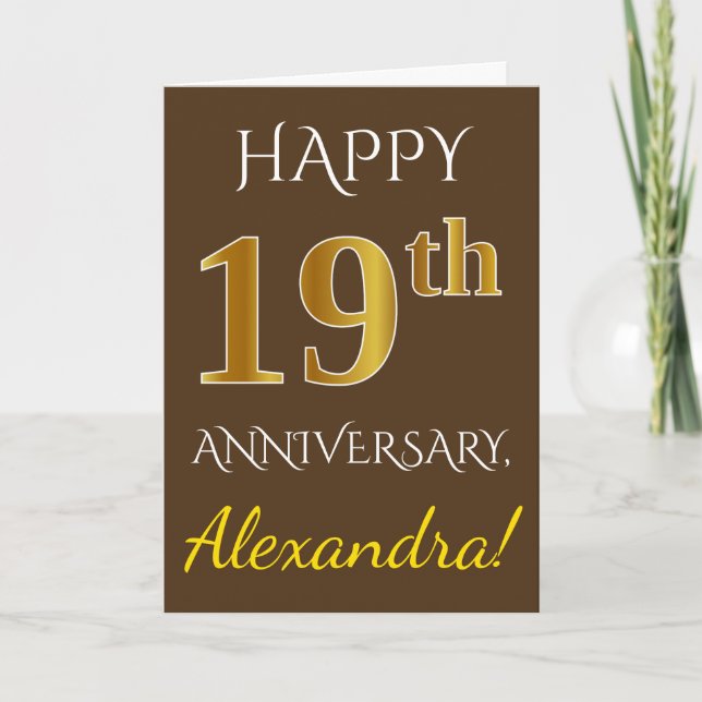Tarjeta Brown, Faux Gold 19º Aniversario del Boda + Nombre (Anverso)