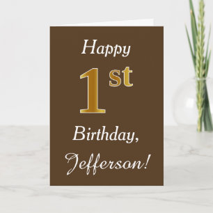 Tarjeta Brown, Faux Gold 1er cumpleaños + Nombre personali