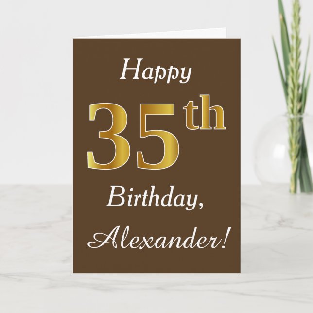 Tarjeta Brown, Faux Gold 35th Birthday + Custom Name (Anverso)