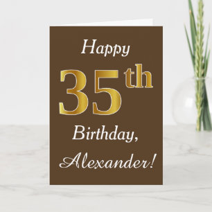 Tarjeta Brown, Faux Gold 35th Birthday + Custom Name
