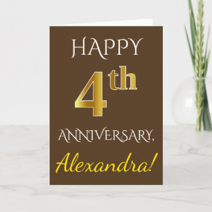 Tarjeta Brown, Faux Gold 4Aniversario Boda + Nombre