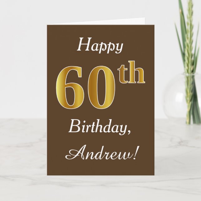 Tarjeta Brown, Faux Gold 60th Birthday + Nombre personaliz (Anverso)